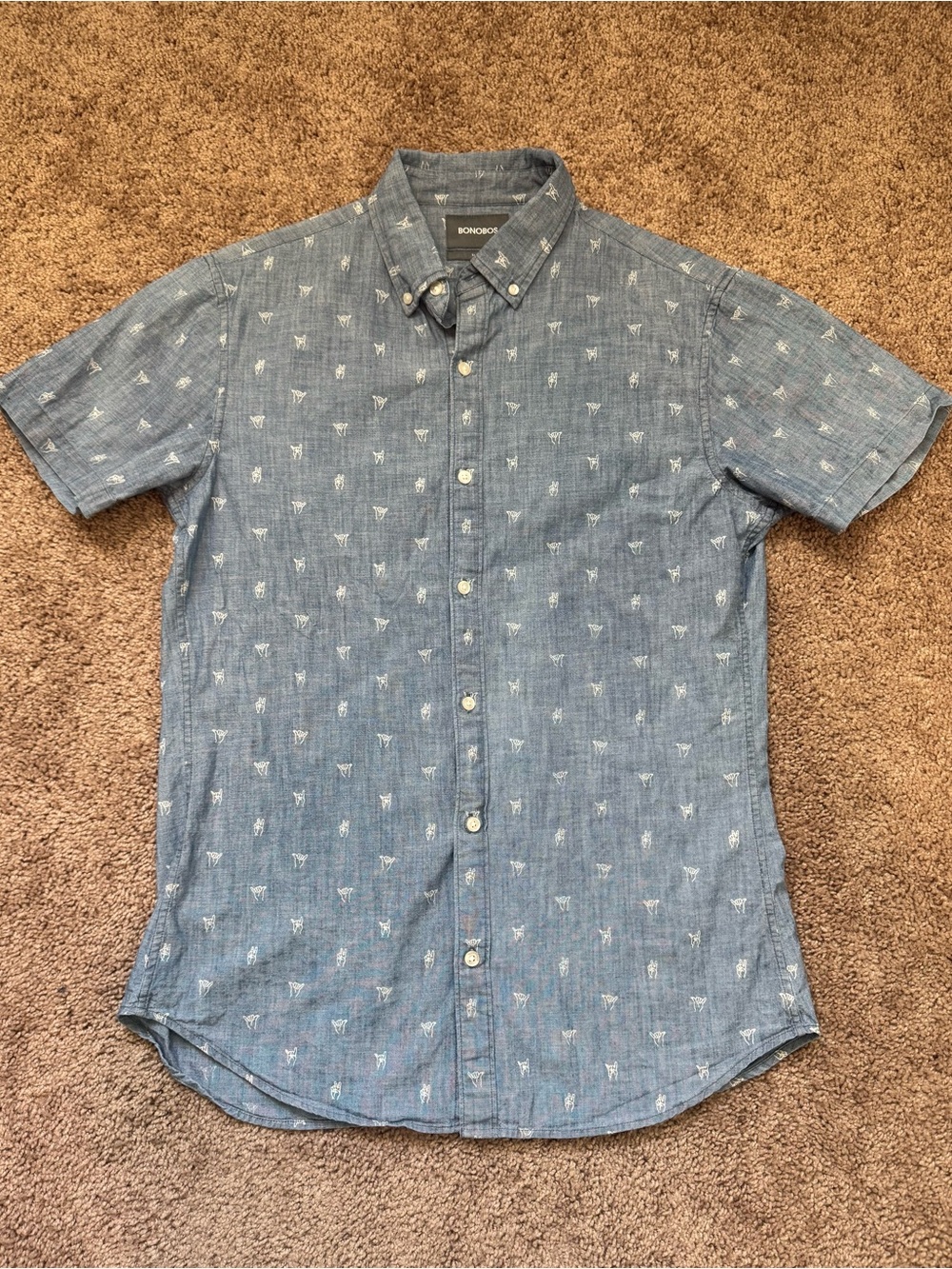 Bonobos Riviera Shirt Mens M Slim Fit Long Short Sleeve Blue Chambray Aloha Hand